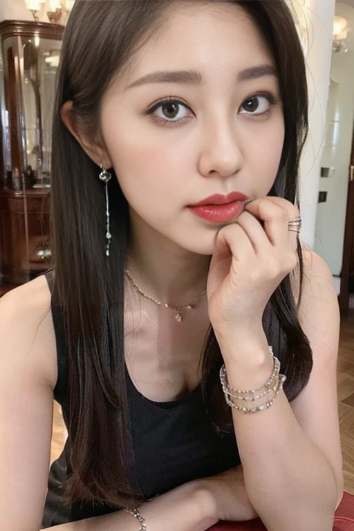Draw lips correctly, lipstick, De la poitrine vers le haut, best quality, super detailed, Realistic, Peau ultra fine, anatomie parfaite, (1 Japanese mature woman), (seul)，Porter une robe col rond haut de gamme vert fleuri，manches courtes，Long wavy hair，femme de 27 anature，sourire charmant，fond de jardin，rester，visage rond， hair tied in ponytail，Le corps est un peu gros，buste moyen，tir de tout le corps
