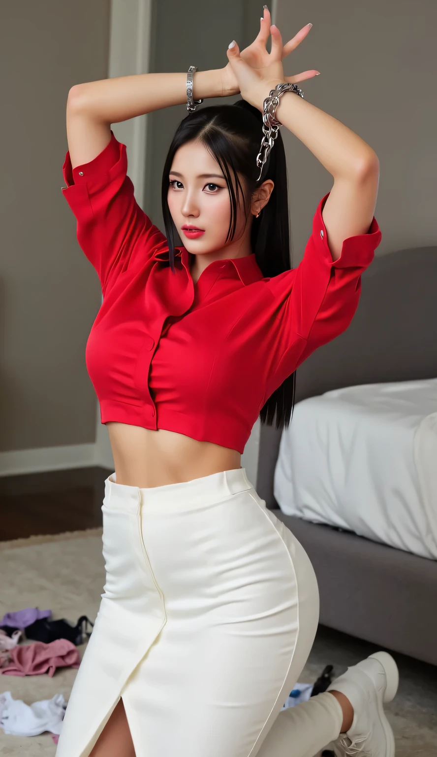 a woman, kneeling upright in the bedroom, both handcuffed hands raised above the head, shirt looks full body, body facing front, eyes looking at camera , wearing a red short-sleeved muslim shirt, long slimfit skirt of white color, big size G-cup, thick red lips, seductive face, black color ponytail hair, all over wet body, bras and underwear strewn in the bedroom,