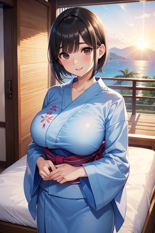 1girl, masterpiece, best quality, cowboy shot, brown ponytail, yukata, (cleavage, shoulders) , smiling, erotic pose, pov