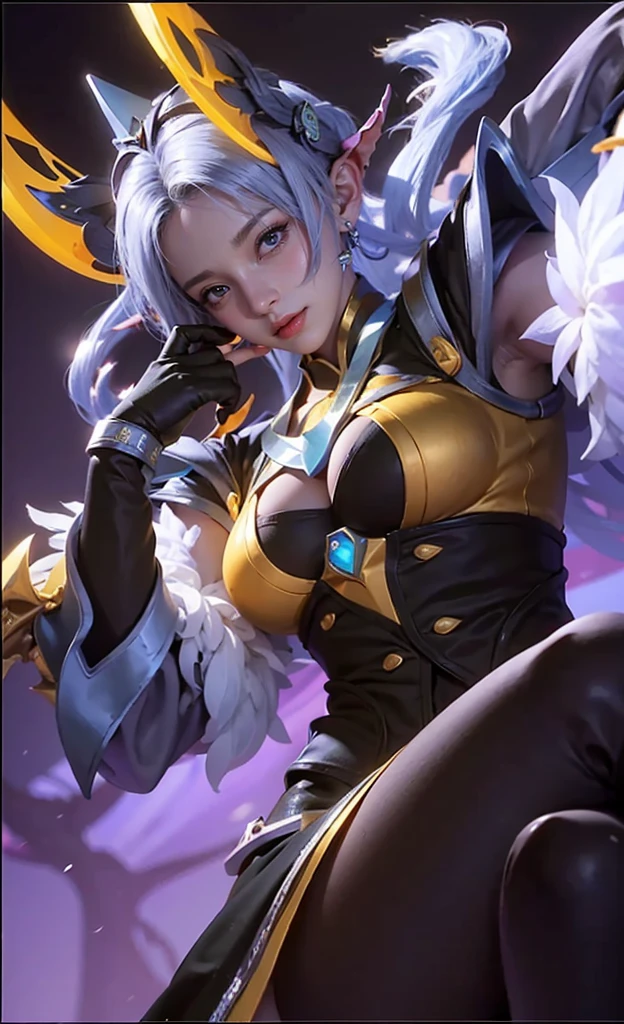 (8k, RAW photo, photorealistic:1.25) ,( lipgloss, eyelashes, gloss-face, glossy skin, best quality, ultra highres, depth of field, chromatic aberration, caustics, Broad lighting, natural shading,Kpop idol) looking at viewer with a serene and goddess-like happiness, elf ears