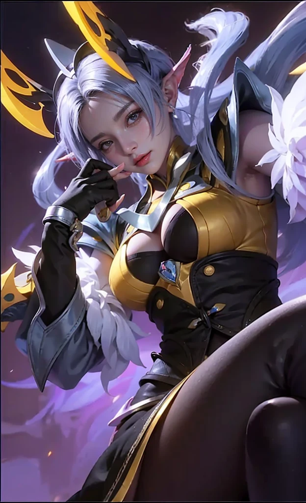 (female:1.2), 8k, ultra hd, ultra detailed texture, hyper realistic, masterpiece, detailed texture, detailed face, detailed skin, detailed lighting, (photorealistic:1.5), best quality, beautiful lighting, cinematic lighting, professional lighting, ultra highres, realistic, detailed hair, real hair, high quality, (realskin:1.5), extremely detailed, finely detail, ultra-detailed, 1girl, solo, elf, pointy ears, standing, demon horns, forehead protector, (yellow eyes:1.5), v-shapped eyebrow, lips, red lips, evil smile, nose, make up, pretty, beautiful, long hair, white hair, high ponytail, large breasts, cleavage, armpit, navel, stomach, black armor, pauldrons, bare shoulders, shoulder armor, thigh high, sleevless, detached sleeves, breastplate, gauntlets, karina \(mobile legends\), depth of field, looking aways, white skin, skin tight, amazing pose, outdoors, glowing, dark view, elf ears.