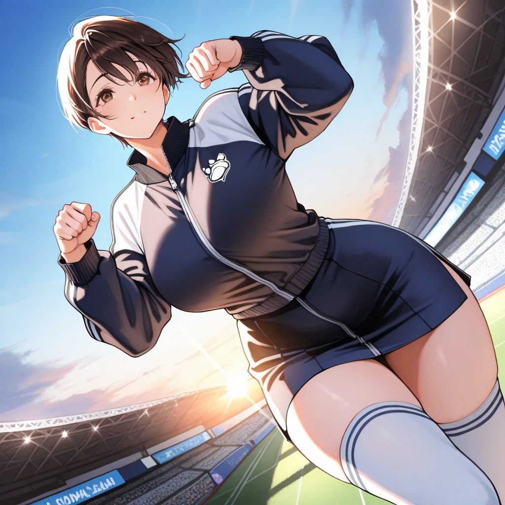 Masterpiece, high resolution, high quality, intricate details, anime girl, full body portrait, front view, 36 year old woman, attractive woman, mature face, mature beauty, brown hair, short ponytail, blue eyes, athletic body, medium breasts, curvy hips, cheering, ((Wearing: Purple T-shirt, Black Leggings and white tennis shoes)), jumping, arms raised above head, looking at viewer, (Background: outdoors, soccer field, blue sky, clouds in the sky, crowd of people in the background),

