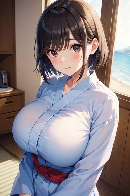 ((Highest quality、Masterpiece、Very detailed、8K))、One Woman、17 years old、Big Breasts、kimono、((stand))、(((Angle from directly below)))