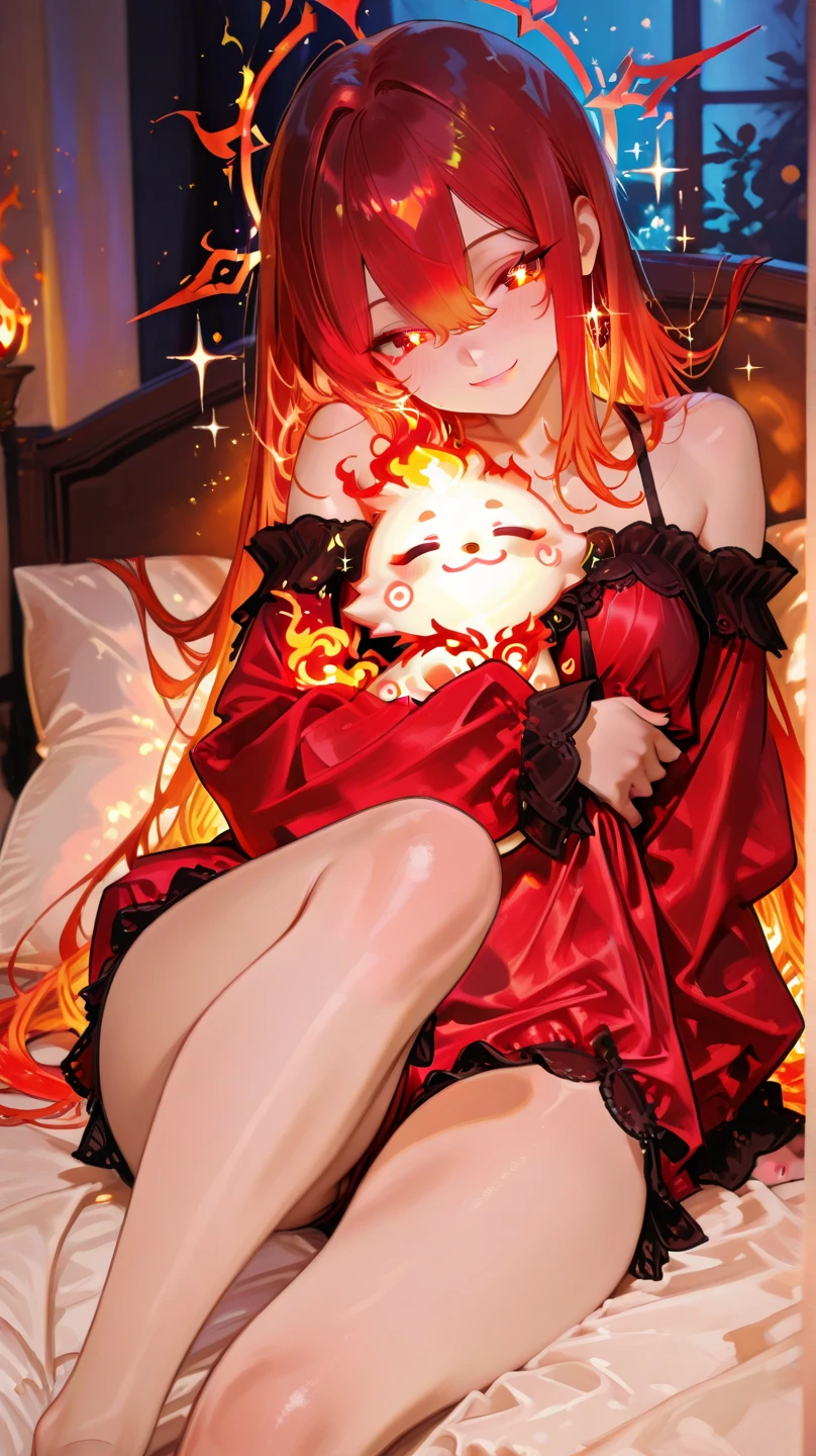 masterpiece, best quality, 1girl, (petite), (Itsuki), (star hair ornaments), (microskirt), (panties), (micro panties), (tight panties), (red panties), (strong thighs), thigh strap, sitting, (reclining), (legs extended), Anime girl in red bikini sitting on the bed with candles in the background, seductive anime girl, (anime girl), curves, underwear suit under clothes!,  anime moe, beautiful anime teen attractive, anime girl attractive, best anime girl, anime girl, anime goddess, she's in my bed in bikini, anime waifu, underwear, in bed, night, with romantic candles