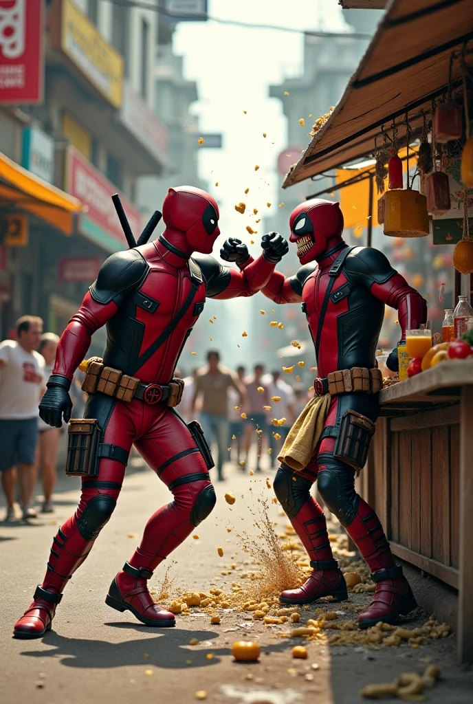 Um Deadpool, nor the mask, fighting with two katanas in a destroyed place.