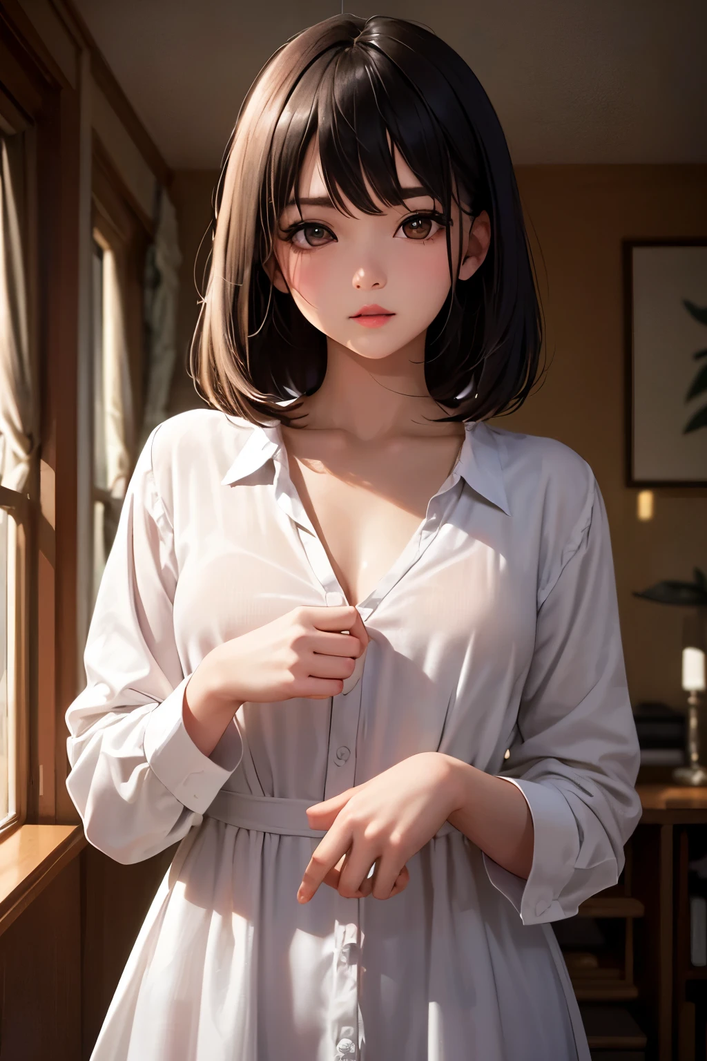 masterpiece, best quality, lady, (character on front), dark hair, dark eyes, indoors, cinematic, looking at viewer, sunlight, depth of field, upper body,