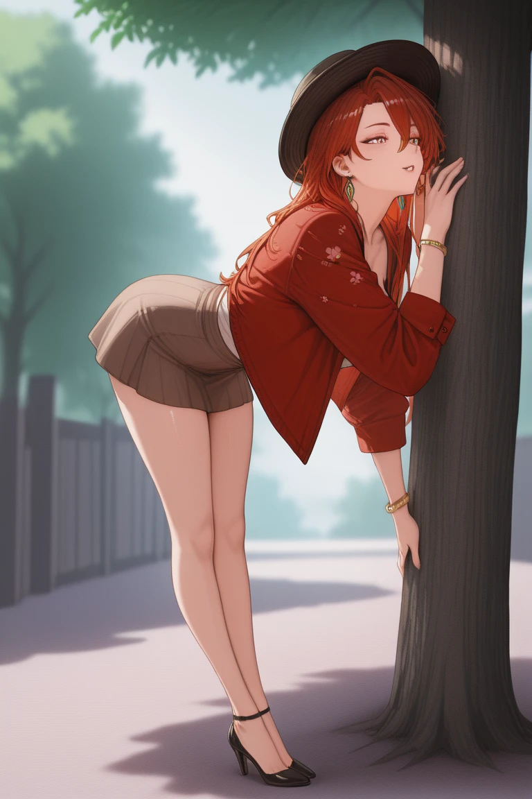 Jasper hongkai star rail. A young woman
She has a sweet face with beautiful expressive eyes, a neat nose, an attractive mouth and an oval face shape.  She has long, red hair and a light skin tone.  The general physique is fragile and graceful.
The woman is dressed in a multi-layered outfit.  The upper part consists of an elegant blouse with a floral pattern, combined with a red jacket.  The lower part is a short skirt made of red material with a small pattern.  Her shoes are elegant low-heeled shoes.  She wears several bracelets, jewelry, and earrings. And a hat
The woman has a friendly expression on her face. Her posture is calm and confident, she leans forward a little, as if communicating with someone or something. It is located indoors or outdoors, under trees.
Her style can be described as elegant and stylish, informal. There is nothing provocative about her image, but there is a certain mystery.  Based on her appearance, it can be assumed that she may be a student or a representative of creative professions, for example, an artist or a model.