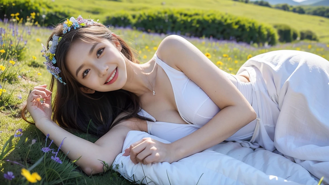 a young Japanese girl of 20 years old, lying on the grass, messy hair, arms open, barefoot, legs spread, eyes looking up, camera from above, very short dress, white underpants, cleavage, armpits, thighs, chubby body, cute, seductive smile, naughty face, pov, from above, Eye-Level Shot, masterpiece, UHD, super detail, high details, highres, 8k