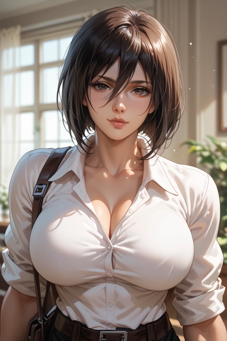 (Attack on Titan, Mikasa Ackerman), brown skin, (school uniform), (short black hair), young, cute, beautiful girl, perfect style, gigantic breasts, emphasizing cleavage, expressionless, realistic, photoreal, 8k, very detailed, highest quality, best quality, super high definition, masterpiece, one girl, ((background is Japan Asakusa, Kaminarimon)),