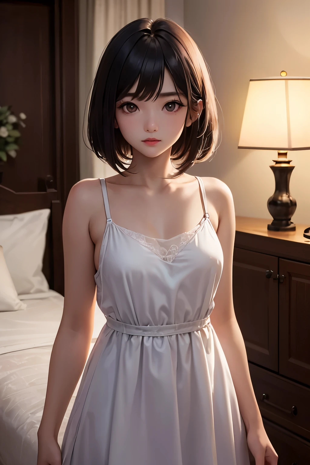 (short detailed hair)(Beautuful Women)(Home)(onbed)