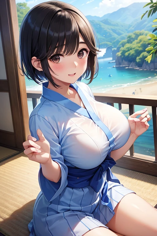 (((masterpiece, best quality))), (((superior quality))), cute girl, ((extremely detailed girl)), ((huge breasts)), yukata, (bare shoulders), strapless top, random expression
