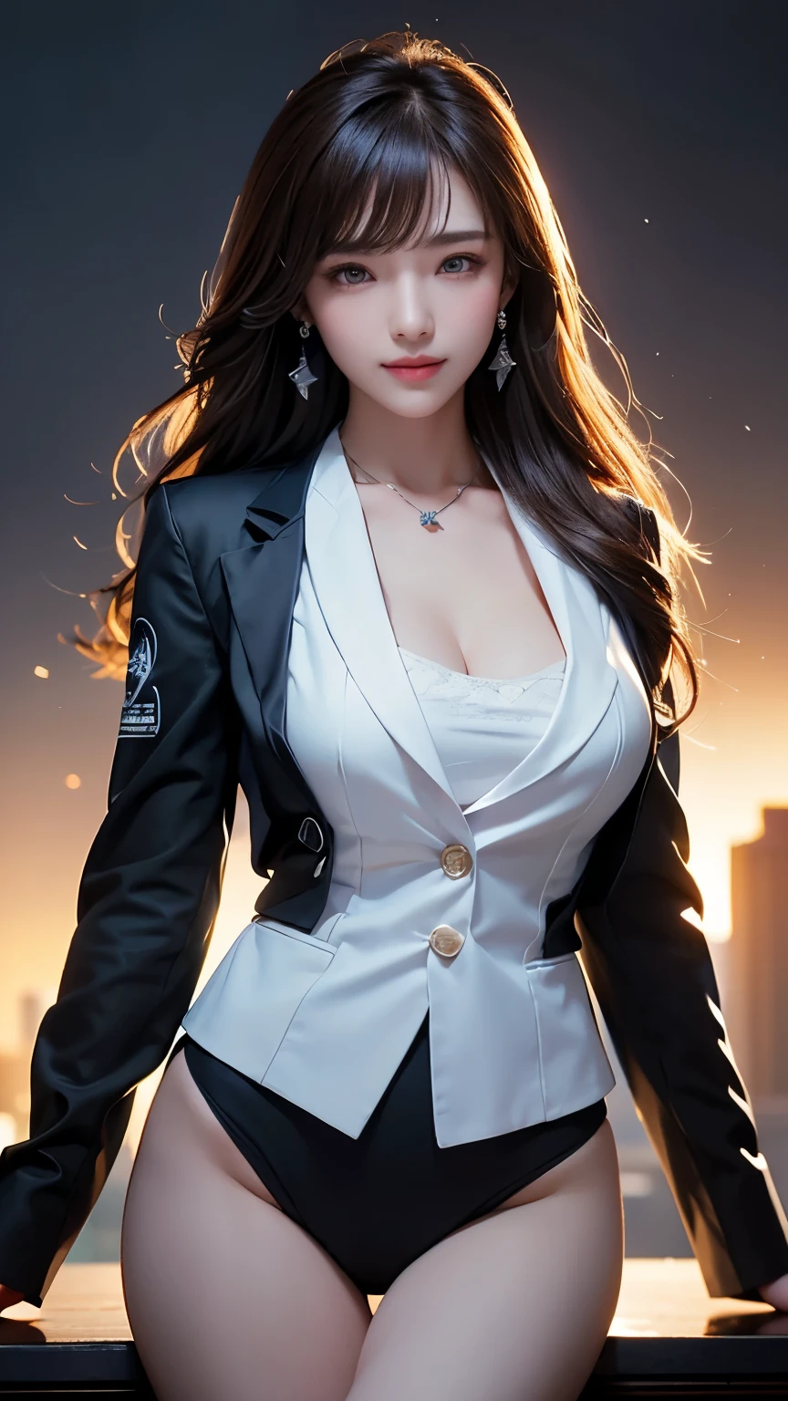 best qualtiy, tmasterpiece, 1girll, beauitful face, (photograph realistic:1.3), edge lit, (highdetailskin:1.2), 8K UHD, digital SLR camera, high high quality, A high resolution, 4k, 8k, bokeh, absurderes, Optimal proportions of four fingers and one thumb, (realisticlying:1.3), Cute 1girl, Wearing a black formal blazer, mediuml breasts, short skirt,gigantic cleavage breasts,Raised ,Get wet all over your body,Pose with your hips facing you