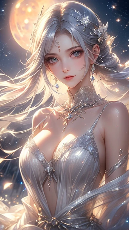 (masterpiece:1.5, Highest quality, Very detailed、 Dutch Angle、Semi-realistic、Fantasy)(One Girl, alone)(White and beautiful hair:1.6,,Straight Long Hair)(White based dress、Fantasyの衣装)、((Off the shoulder、Mid-chest、ruby necklace))(Beautiful cleavage、Legs wrapped in tights)(Beautiful starry sky、Mystical Night、Particles of light float around the woman、Fantasy space) Waiting to start