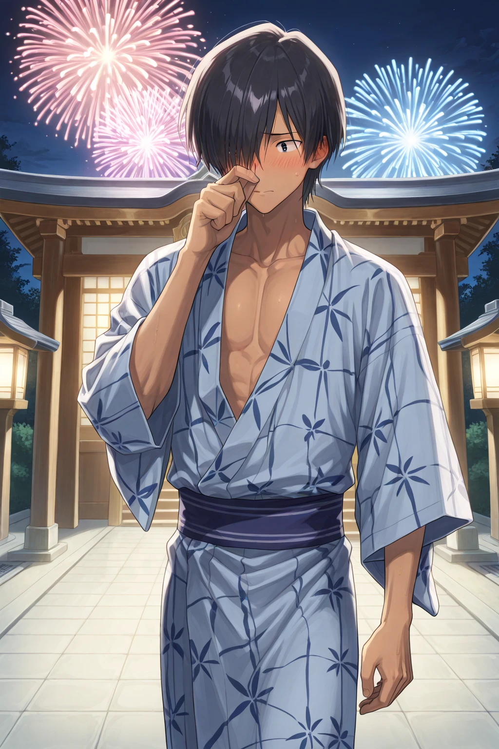 A slim man bathing in a Goemon bath、Under a star-filled sky、Holding a bottle of shochu in one hand、Notes flying around