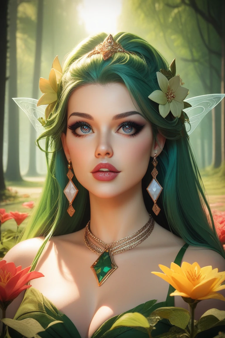 digital art, fantasy woman, green hair, pink flowers, sitting down, glowing headband
