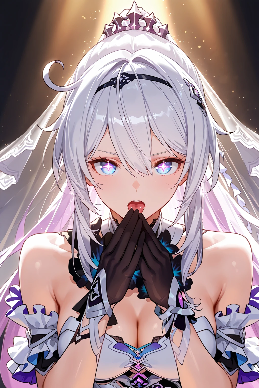 White hair, Ponytail, Purple eyes, Smile, Closed eyes, Naked, After Sex, Missionary POV, Creampie, Sperm coming out of pussy, Arms up, Armpit
