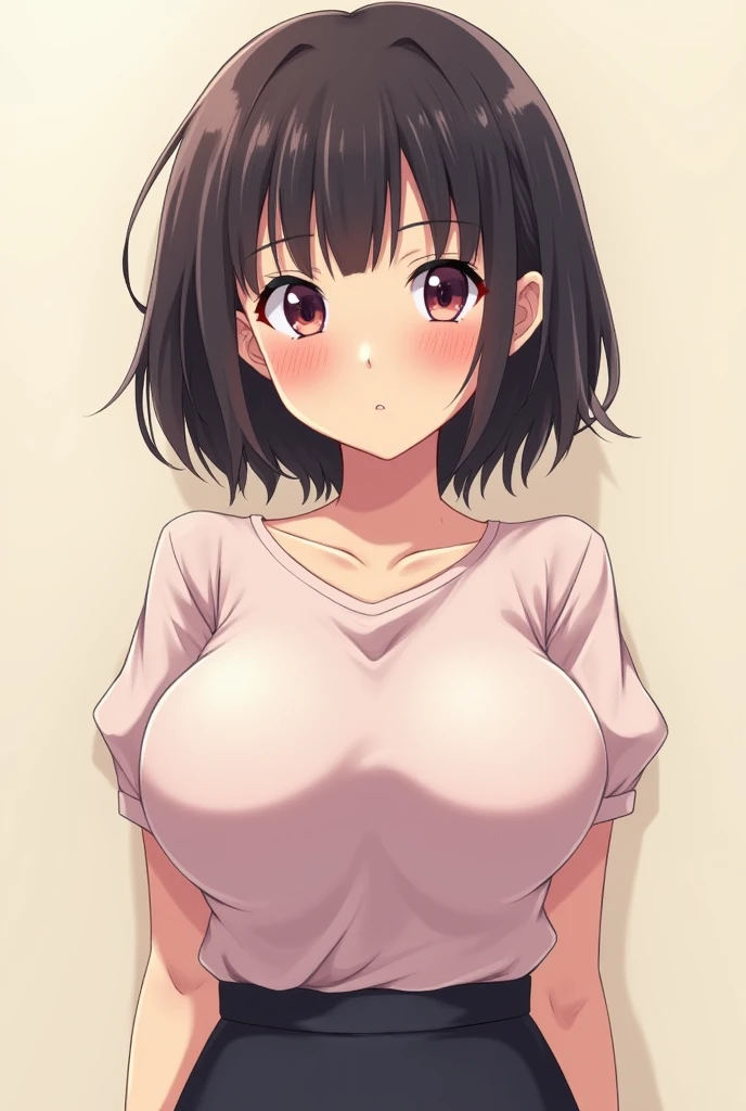 (head shot:1.2), (from above:1.2), frame in, from right in front of face and body, view straight on, upper body, High quality, very high res, High quality, very high res, cute girl, brown hair, forehead, blunt bangs, bob cut, blush, Brushed up bangs, wearing a plain t-shirt, shirt lift, medium breasts, pale pink nipples, I can see your belly button, (kneeling down pose), fellatio, pleated skirt, at office