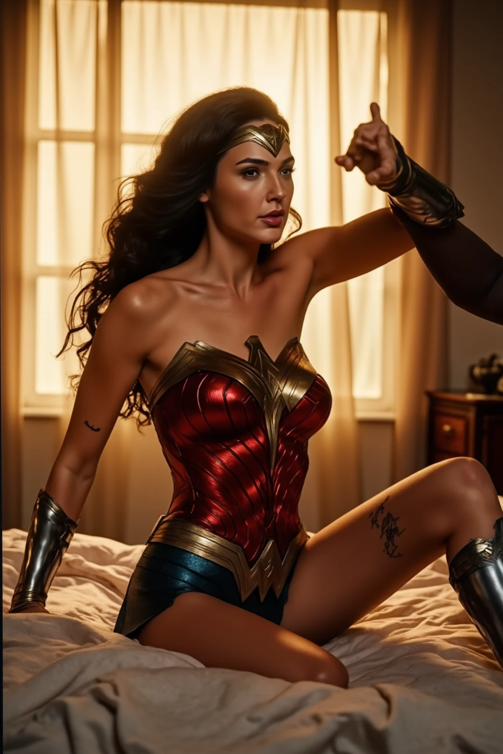 (best quality)), ((master part)), ((Realistic)), (circunstanciado, fotorrealista, ultra-detalhado, Absurdo), 1mulher Wonder Woman, cabelos longos, thin lips , olhos e rosto detalhados, rosto perfeito altamente detalhado, vestindo fantasia de mulher-maravilha (lora:Wonder woman:1.2), casa, interior, cama, noite escura, night the moon, Front view, Top-down view, na cama, deitada sobre a cama, foco: pose sexy, clouseup:1.4,