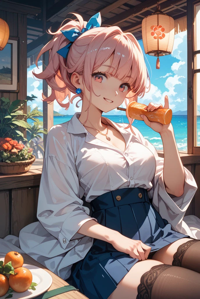 1girl in,Pink hair,Eat cream puffs