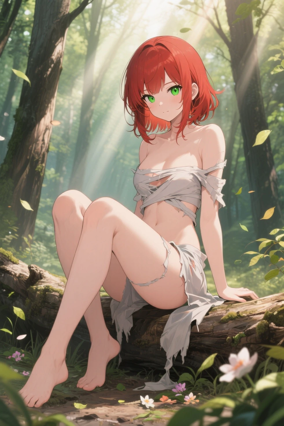 elf, girl, old 18 years, red hair, pink eyes, pale, pale skin, holding a red ribbon in hands, nude, naked, smiling, sensual pose, in a forest, sunset,