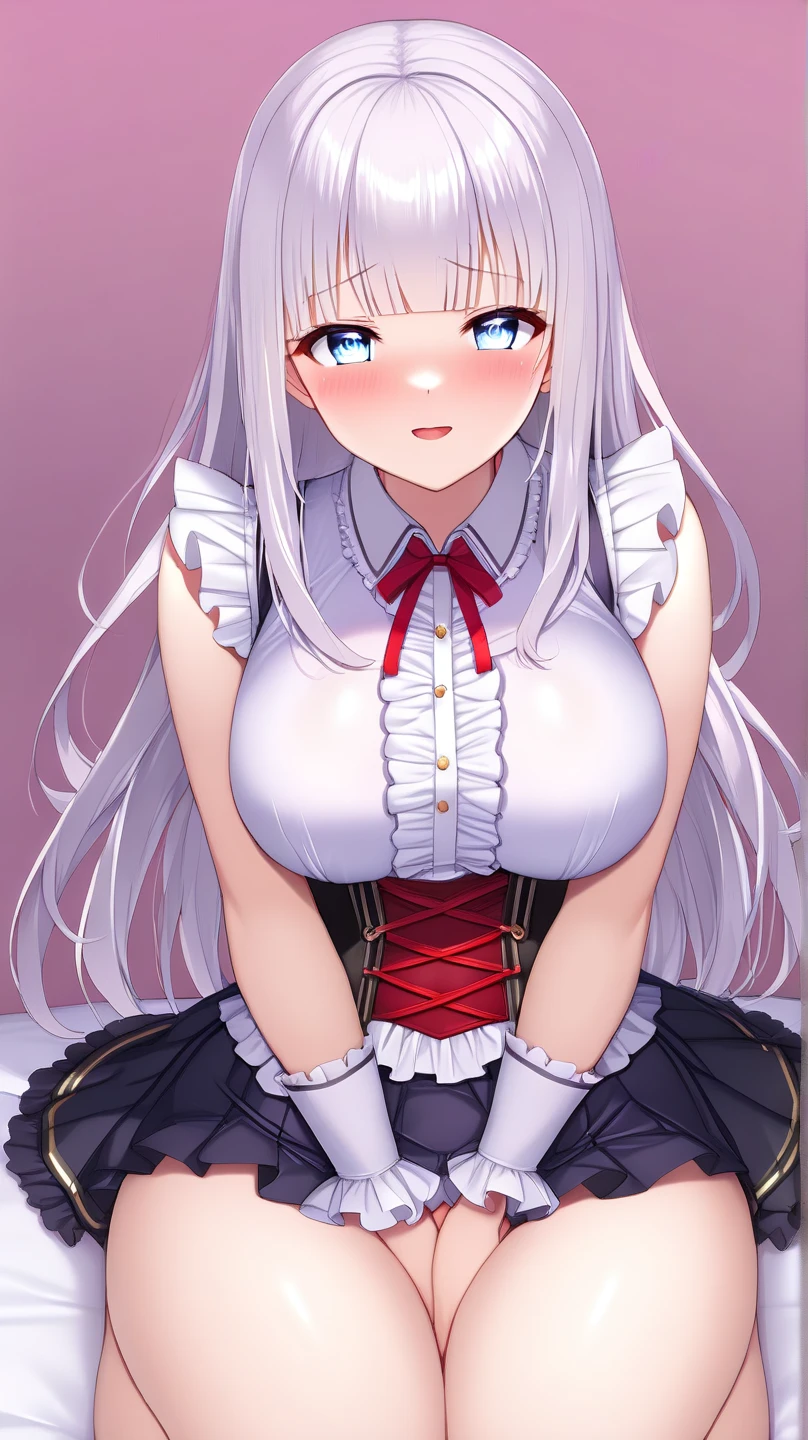 (masterpiece, highest quality:1.2), 1 girl, alone,beautiful white hair standing　medium perm　red eyes　soft-looking woman　big breasts　i-shaped balance　pink short skirt　wet black pants