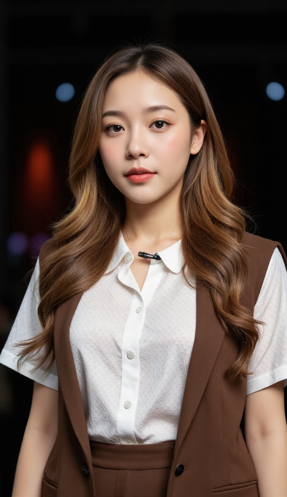 a close up of a woman in a skirt and shirt, japanese model, korean women's fashion model, wearing white shirt, wearing a blouse, mid shot portrait, clothed in white shirt, 奈良美智, cute young woman, dilraba dilmurat, beautiful asian girl, gorgeous young korean woman, closeup portrait shot