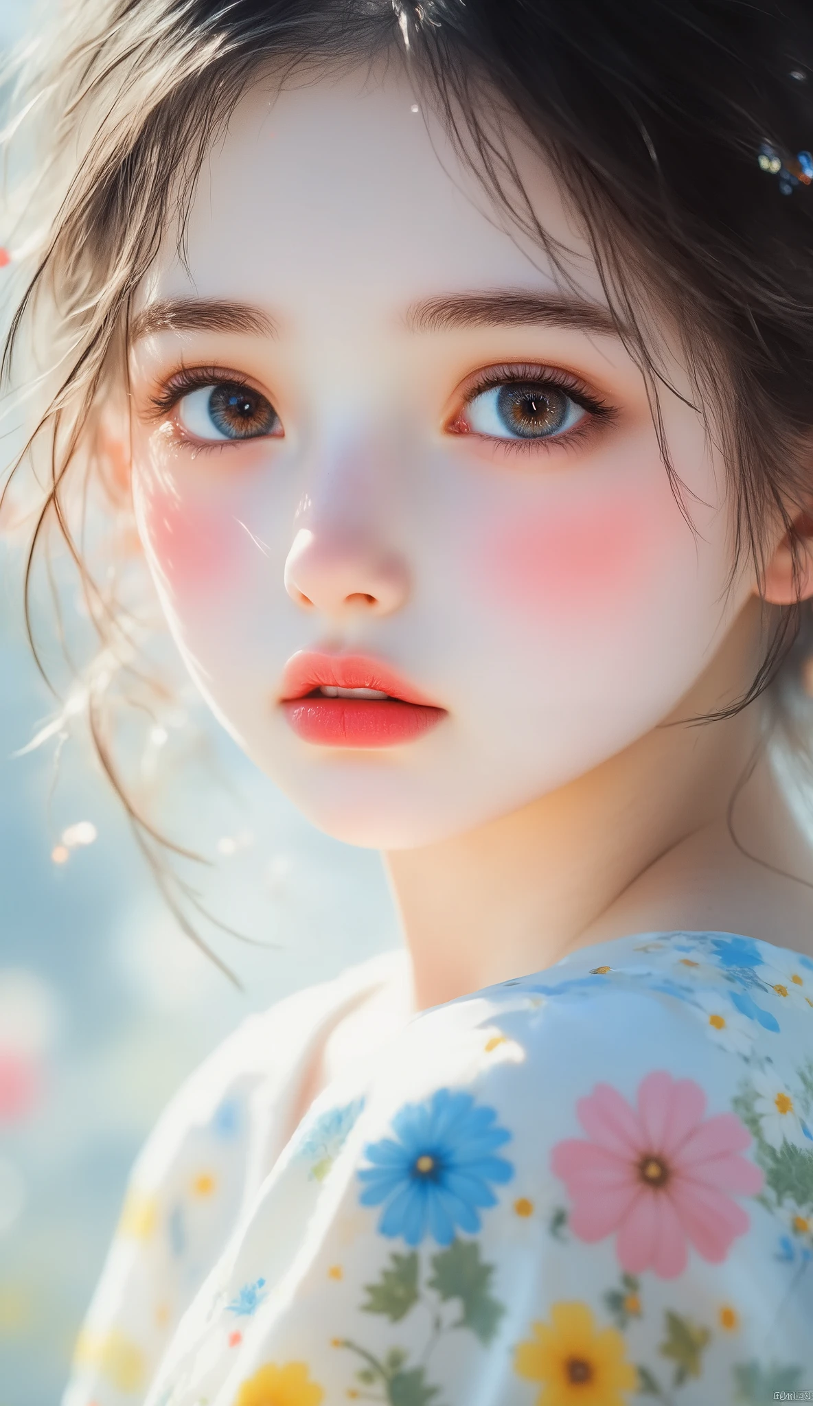 16K, 8,000 high quality, 4K, super detailed, photo writing, physically based rendering, professional grade, bright colors, extreme close up of young girl's face, super cute, surreal, polaroid style.