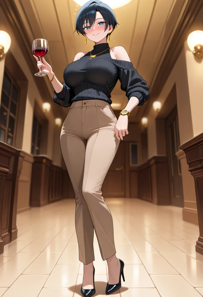 nsfw, (ultra-detailed, photorealistic, best quality, 4k, 8k, highres, masterpiece:1.3), a strikingly beautiful young woman, tall with a voluptuous figure, long toned legs, flat abs, and an hourglass body shape, long glamorous platinum blonde hair, expressive blue eyes, Her perfectly round and full breasts are a standout feature, complemented by her sophisticated makeup, featuring smokey eyeshadow, dramatic eyelashes, and nude lips, Bella is wearing a daring and provocative business casual outfit, featuring a fitted blazer with nothing underneath, showcasing her cleavage, paired with a high-waisted pencil skirt that hugs her curves, and stiletto heels that add height, She accessorizes with a delicate gold necklace, diamond-studded earrings, and a designer clutch bag, Her posture exudes confidence and elegance, with a poised and self-assured expression, The background features a luxurious, serene setting in Verano Bay, emphasizing her refined lifestyle and the picturesque environment, (intricate detail, super finely detailed hands, ultra finely detailed fingers, full body showcase, show full body:1.3),