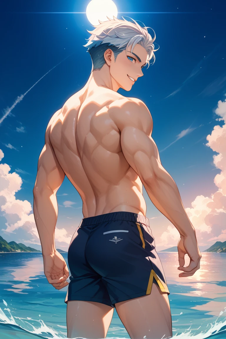 masterpiece, best quality, high quality, 1boy, solo, male focus, looking at viewer, nakajima_atsushi, grey hair, (swim suit: 1.2), t-back side binding, de costas para o espectador, olhando para o espectador, de baixo, nadegas a mostra, squatting de costas, from behind, squatting, virilha exposta, sexual expression, fangs