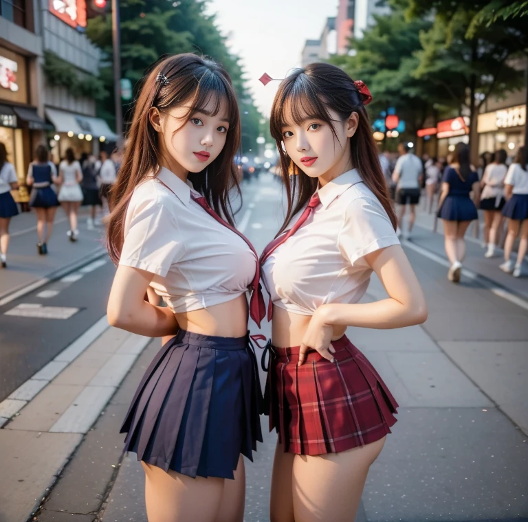 (masterpiece:1.3, Highest quality, Ultra-high resolution, Super detailed), (Realistic, photoRealistic:1.4), Perfect lighting, Natural light, colorful, Depth of written boundary, Browsing Caution, Surrealism, Front view,Beautiful detailed hair, Beautifully detailed face, Beautiful fine details, Beautiful valley,Beautiful clavicle, Beautiful body, thin脚,Beautiful feet, Beautiful breasts,Beautiful Hands, thin, ((1 girl)), Nipple hardening ,Perfect Face, Long eyelashes,Perfect Anatomy, Supermodel with a long neck,((Skinny1.2)),((Booty pose:1.4)),(wind effect)),white panties,looking at the camera,(Perfect Anatomy,Highly detailed skin), Shiny skin,((beautiful girl:1.1)),(( large breasts:1.3)), ((Cute smile:1.3)),(Mid-length hair:1.4, Wavy Hair:1.2, Black Hair) ,hair over one eye, Dainty facial structure,photo shoot, Sharp focus, Face Light,((school uniform, red skirt in plaid skirt)),((school uniform, short sleeve shirt:1.2)), ((school uniform, tie)), Red hair ribbon, morning,Tokyo, filled with people crossing the streets. Tall buildings with colorful billboards and advertisements surround the intersection. Bright and lively atmosphere, clear skies, and a sense of movement and energy in the scene,
