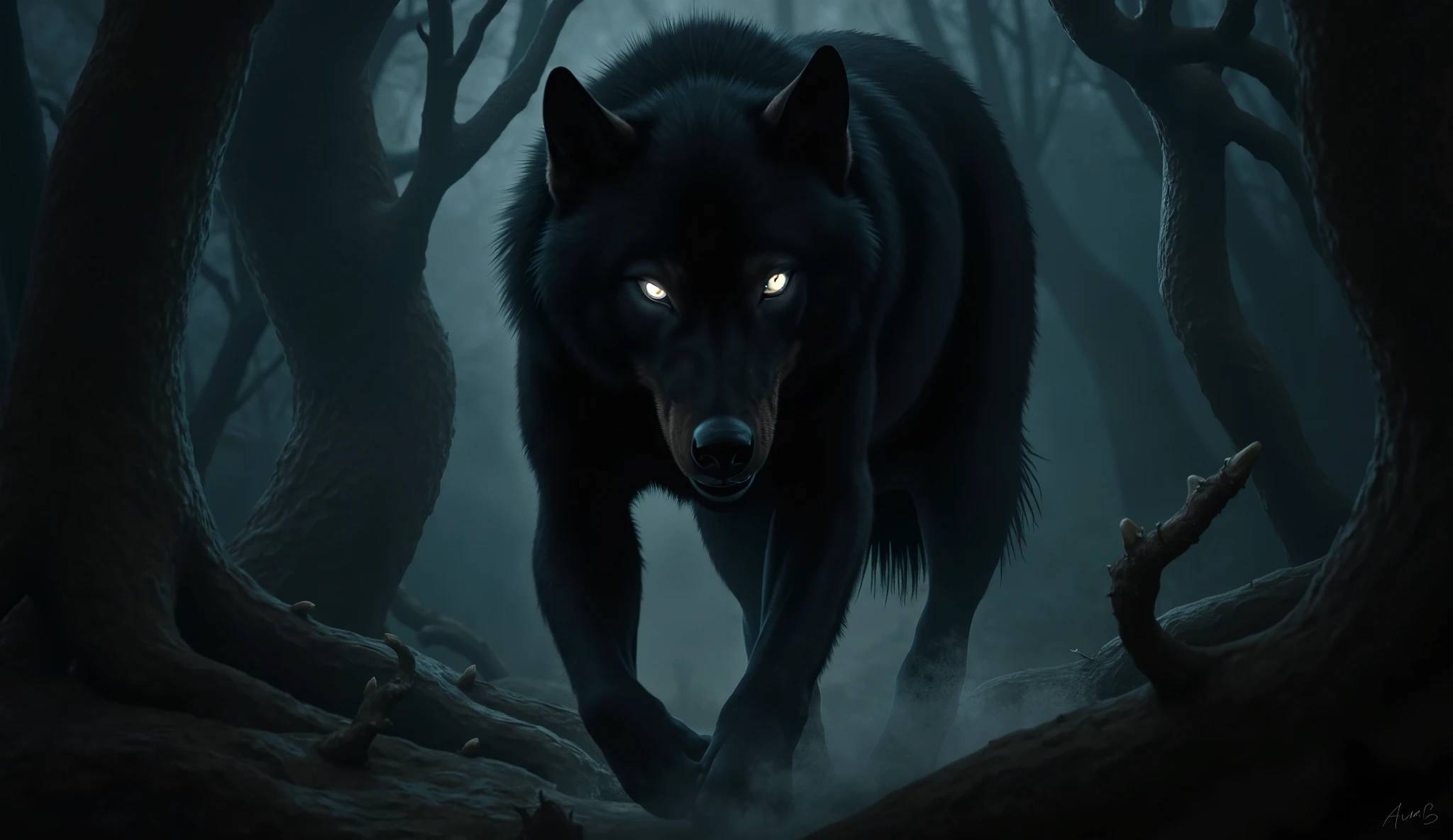 Black Wolf, glowing eyes, ferocious, nighttime, foggy, dark twisted forest background, high detail, masterpiece.
