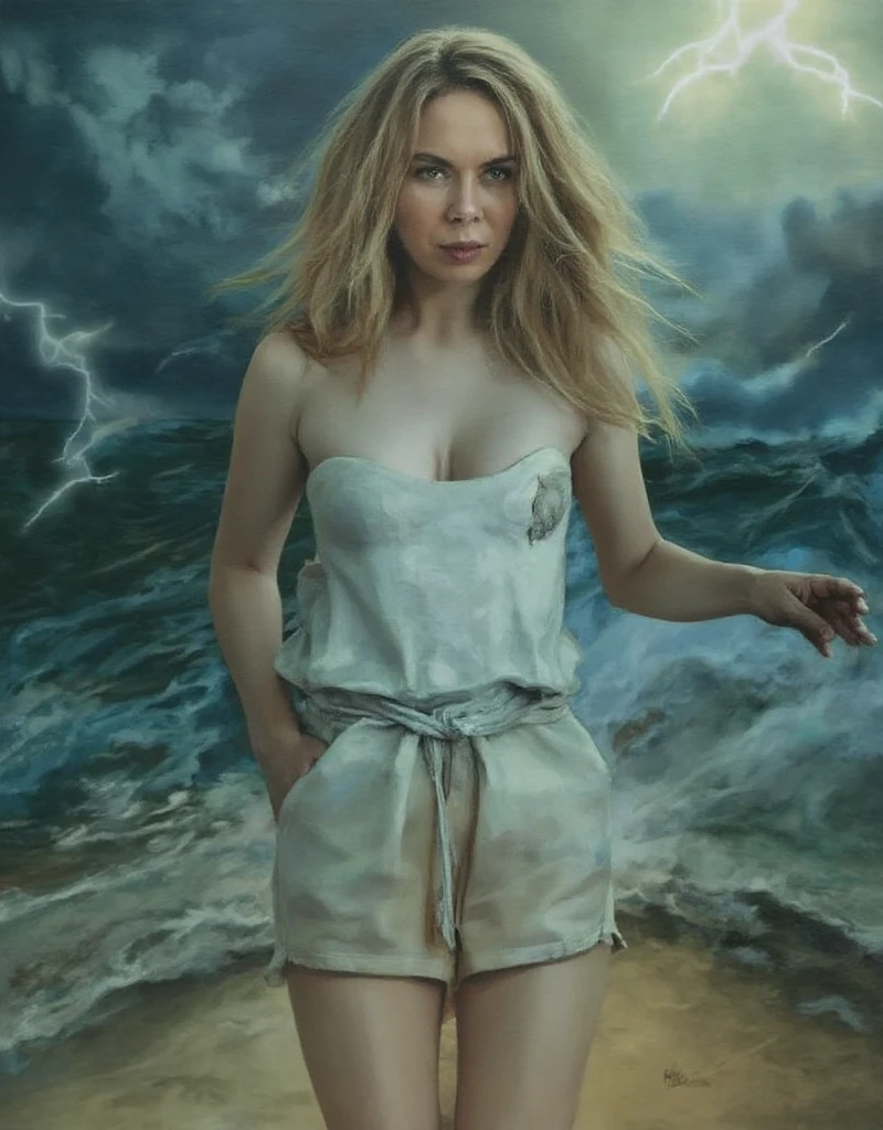 close view of full body nude young belgian woman, in erotic pose , hairy pubic , background ocean waves with foam, thunderclouds, lightnings, (baroque oil painting style:1.5)