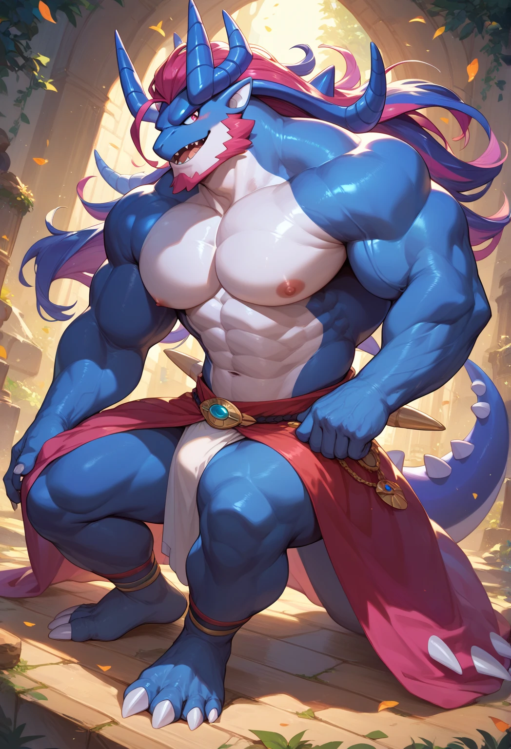 Anthropomorphic male dragon, His body is decorated with luxurious lace underwear, Highlight his muscular body and sharp claws. Wrap his body tightly, Showing the outline of the chest, abdomen, and weapons. His wings, Stretch and Elegance, Delicate lace pattern glitters in the light、dance to tune. dragon'Tail, Long-lasting and powerful, In sharp contrast to the gorgeous clothing. He has a gold nipple ring,Connected with a delicate chain, Drawing attention to his protruding chest,Emphasizes his charming masculinity. dragon'Eyes are attractive, Full of confidence and, Highlight underwear and decorative embellishments. The background of this photo is a luxurious bedroom, Equipped with luxurious furniture and soft, Create an atmosphere of indulgence and sensuality.