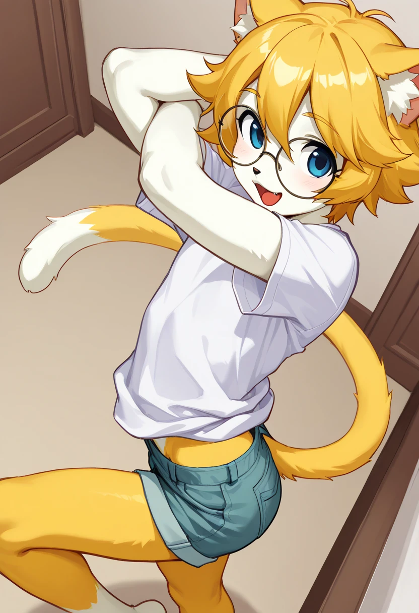 score_9, score_8_up, score_7_up, score_6_up, score_5_up, score_4_up, rating questionable, on back, striped, long hair, tail raised, striped tail, looking back, sitting, hair bun, white shirt, black shirt, two-tone background, blue necktie, smile, cat girl, skirt lift, animal ears, orange fur, side-tie  bottom, plaid, hair over shoulder, brown footwear, panties, striped panties, by yagi the goat