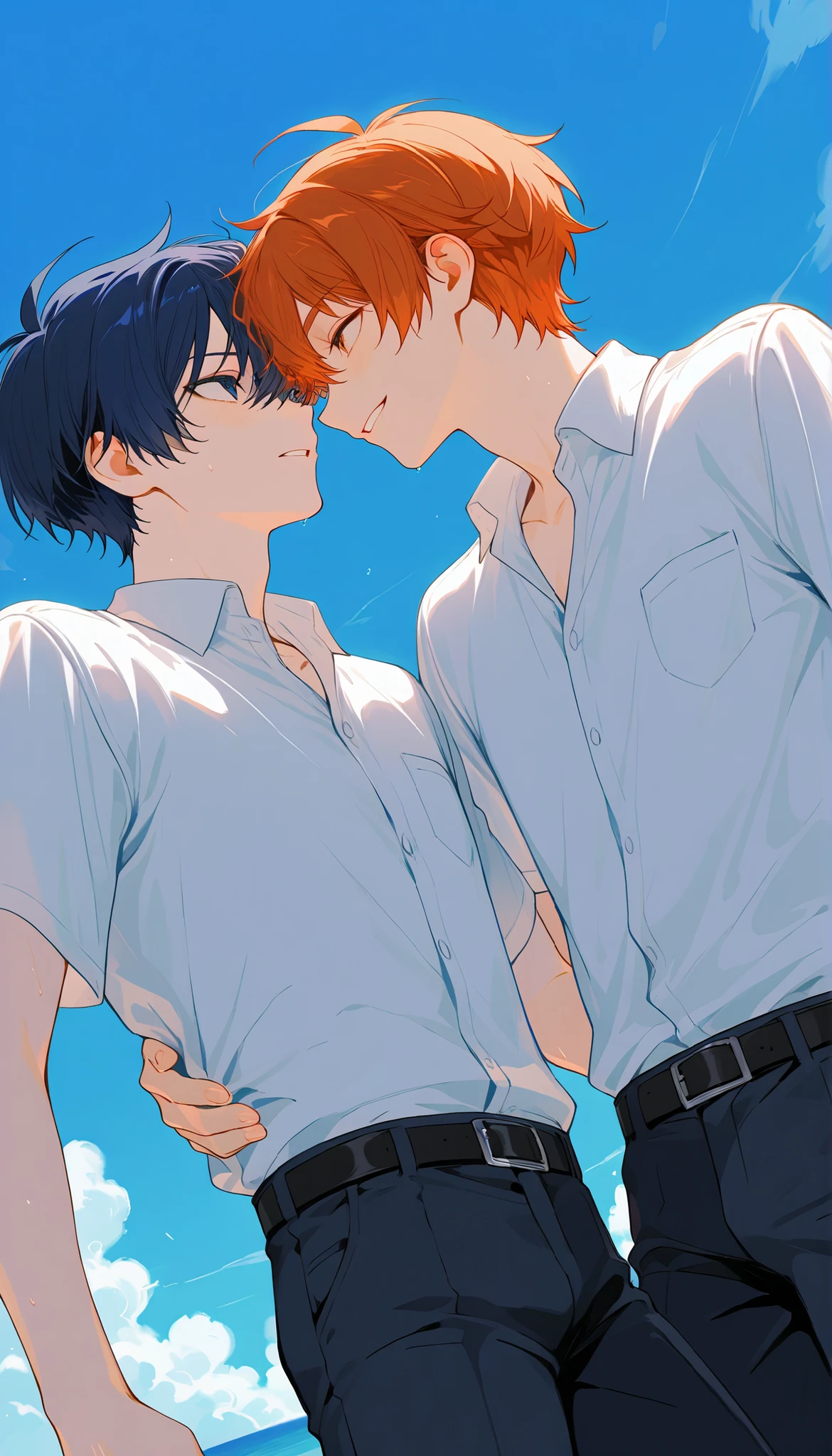 two boys, kiss, <lora:animeKissesLocon_v1:0.8>, school uniform