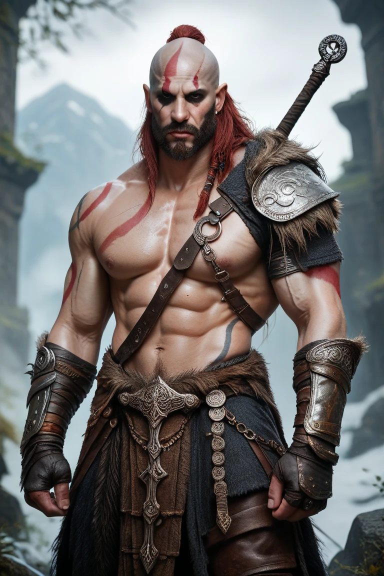 homem viking sexy e musculoso sem camisa com ataduras finas amarelas cobrindo os seios, cabelo azul ciano espetado, chifres