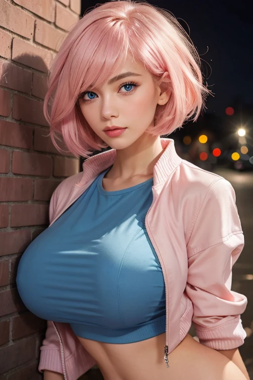 {{{35mm photograph, film, DSLR, professional, 8k, 16k, highly detailed, photorealistic, masterpiece, best quality, super clean resolution, highest res}}}, 1girl, young teenage girl, 18 years old, blue eyes, cute smile:1.4, ((bangs, multicolored hair, gradient hair, two-tone hair, silver hair, pink hair, blue hair:1.2)), bare pectorals, thigh, ((bare breasts)), ((( white shirt, lace bra, denim jacket, pleated skirt))), ((big breasts :1.2)), realistic perfect breasts, (sfw), kpop idol makeup, natural skin texture, realistic pores skin, (aesthetics and atmosphere:1.2), summer, night, (full-body), night atmosphere, (indoor, hotel room, bed, window, city light scape, detailed background) ,perfecteyes, fate/stay background, (gigantic breasts:1.2), ((enermous breasts:1.2))