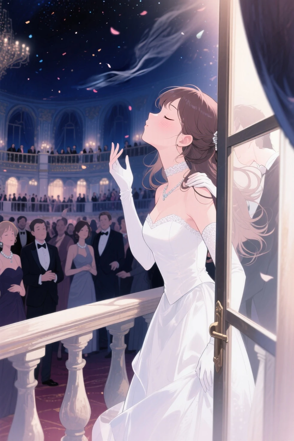 **beautiful opera singer, white sparkiling dress, long brown hair, blue eyes, lush lips, blush, singing, fantastic opera setting, stars, sparkles, anime art, --ar 2:3 --s 180** - (fast)