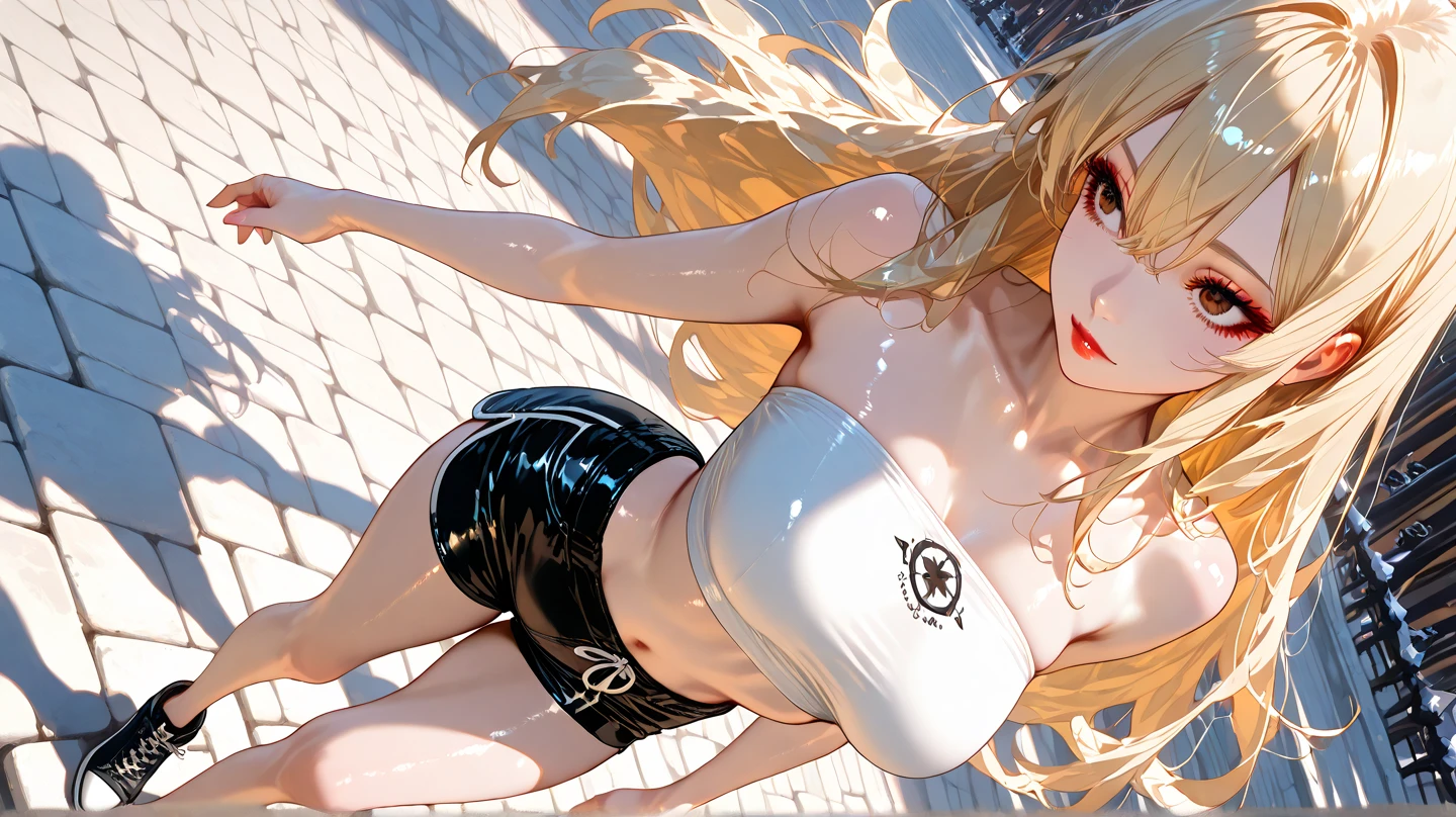 da,bare leg,bare feet,red slingshot swimsuit,wet,o-ring,small breast,full body,solo,dark blue eyes,one girl,medium hair,blonde ,muscle,small breast,indoor,grey backgrpund, strong light and shadow contrast ,crying,tears,pissing,a blonde girl being tortured by electric shock,pantyhose,bondage,machine,iron,bondage,bdsm, tied,iron chair