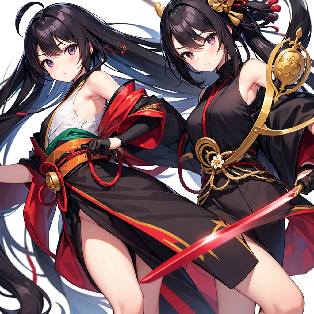 A black-haired woman wearing a shrine maiden outfit with slits in the legs　Spread your legs　Upper body fluttering　Have a revolver pistol　Thigh-high boots