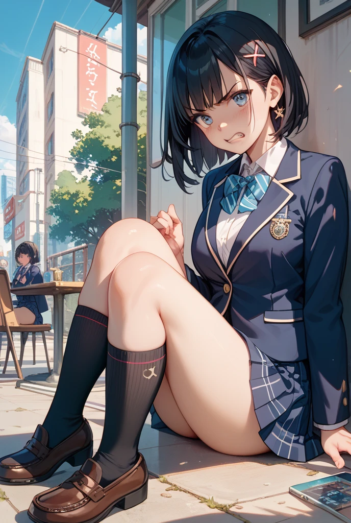 (Masterpiece:1.2), (high quality), (pixiv:1.4), (anime:1.4), panties, loose socks, black hair, buttocks, blue skirt, solo, blazer type, loose socks, lifting clothes, brown eyes, pure gaze, miniskirt, herself lift, plaid skirt, blush,((medium breasts)), (heart-shaped pupils),(side ponytail), (a lot of sweat), Long hair, Physical education sitting, beauty legs, ((in the park))