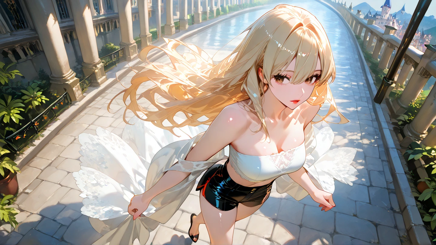 best quality, master piece, 1 woman, 20 years old, むちむちの足, round breasts, Mythra, ヒカリ、Xenoblade2, ゼノブレイド2, long hair, blondie hair, gold eyes, cleavage cut out, white dress, blush, crying, pink nipples, exhausted, very short skirt,