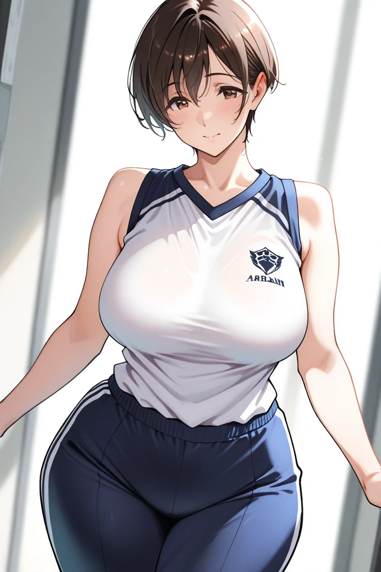 a close up of a person wearing a basketball uniform, a picture, inspired by Kentaro Miura, trending on pixiv, Shinobu Kochou, Demon Slayer, Kimetsu no Yaiba, wearing yellow nba jersey, yellow croptop nba jersey, wearing a low cut croptop, wearing croptop, croptop, the word "Lakers" on the croptop, golden raito, (winking), shirobako, large)}], favorite scene, fine details. anime. skins, sweating, big breasts, both hands raised, armpits, armpits visible, dripping with sweat, more more sweat, sweaty armpits, sudando de a montones