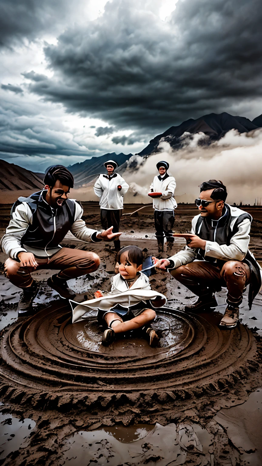 three cute little s wearing white jackets, covered in mud, asphalt covered in mud, cloudy atmosphere.