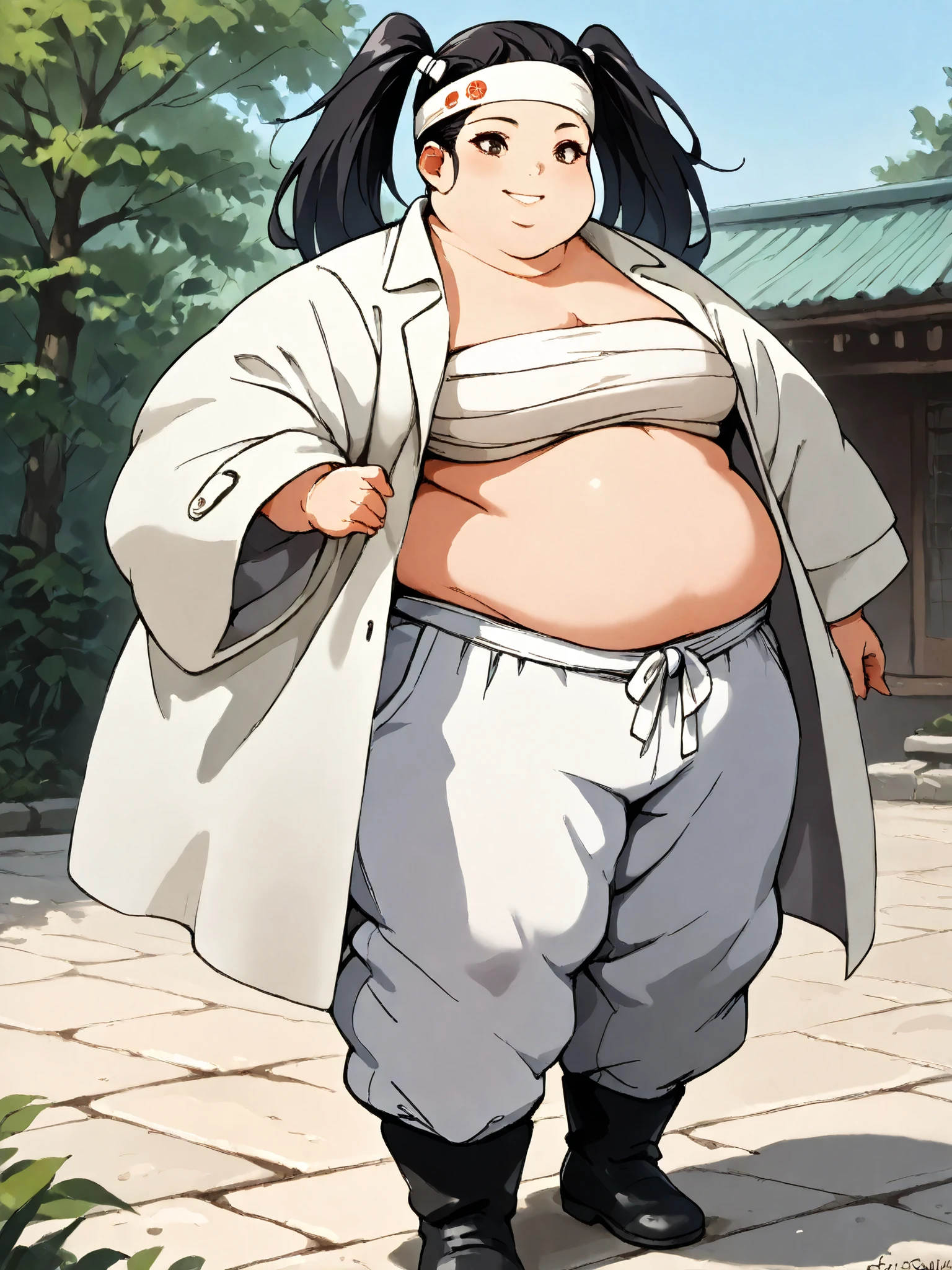 masterpiece, best quality, score_9, score_8_up, score_7_up, score_6_up, outdoors, 1girl, haylin, black hair, brown eyes, long hair, twin tails, female focus, solo, white jacket, white pants, headband, short hair, smile, black footwear, coat, crop top, midriff sarashi, sarashi, full body