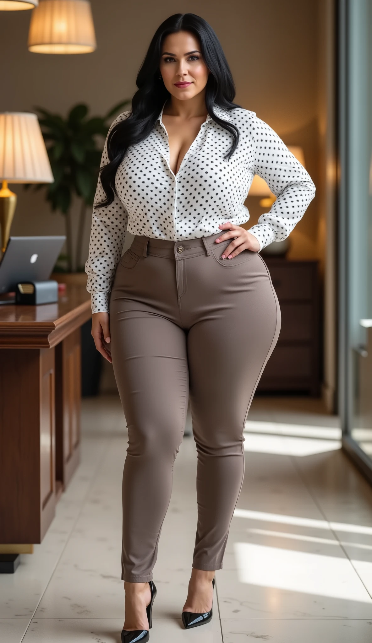 Sexy mature, 48-year-old mature. Curvy voluptuous body, hourglass figure, wasp waist, wide hips , thick thighs, large back , big busts, viste Tone It Down Satin Trouser - Taupe, Subtle Grace Polka Dot Shirt - White/black, wears shiny black heels, STRAIGHT BLACK HAIR , she is a MILF. The background is a luxurious and tidy office. realistic full body image . HD quality.