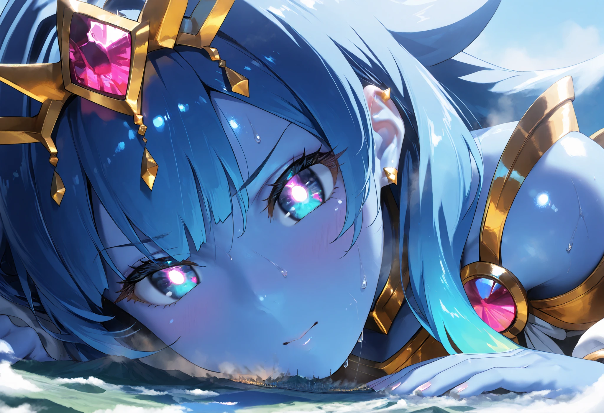 (masterpiece , Highest quality , Ultra-high resolution) , 1girl , spirit king wave , gold headpiece , bare shoulders , white pelvic curtain , gold armor , white leotard , white puffy long sleeves , gold ear piercing , (blue skin) , latex skin , glossy skin , looking at viewer , glossy hair , white tattoo , Sweat , glossy skin , shiny skin , glistening skin, Macro, Giantess, Landscape, Aerial Perspective, cool backlight, close up, focus on face, (steamy)
