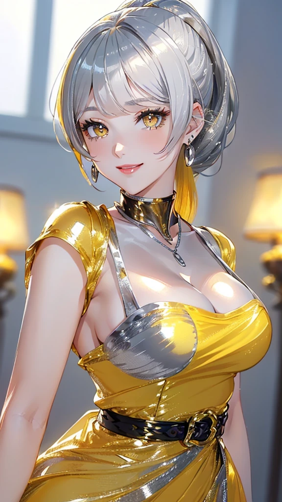 8K Ultra HD、Digital SLR Camera、soft light、high quality、Volumetric Lighting、frank、photo、high resolution、4K、8k、Bokeh，The eyes and face are very detailed，Clear eyes，Delicateeyes, Delicate lips, Show a sexy smile, Pretty Face，Oval face, Create stunning girl images, warm color, Very high color saturation，The legs look very long from the front，dynamic poses，Normal standing posture，Chinese female martial arts models，Golden Ratio, Minimalism，Transparent and visible skin, crystal yellow clothing，Clear silk pajamas，Apple green double ponytail，Invisible cyberpunk hairstyle，Cleavage、Exposed breasts、sexy、very detailed breasts, d cup size，black background