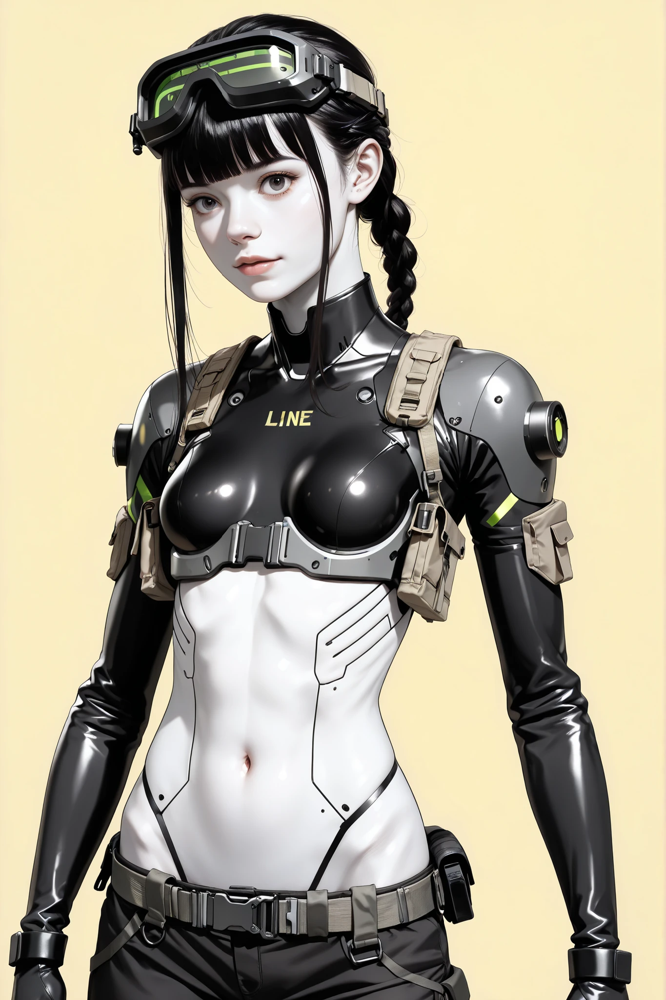 (masterpeace), high quality, (whole body:1.5),((Line Art: 1.5)), ((sci-fi comic style)), ((monochrome)), simple background, 
BREAK
A young girl wearing an black jacket parker, black pants, headgear, ((tactical helmet with night vision goggles)), (cyberpunk: 1.3), high detail mechanic style, syntheticbreed, 
BREAK
((beautiful face: 1.5)), (realistic face: 1.3), (long black hair: 1.5), (braid hair), blunt bangs, (slim body: 1.5), (petite bust: 1.5), ((slender body))
BREAK
anatomically correct, biologically accurate, normal number of fingers, natural limbs, well-proportioned body, best quality, 8k, HD