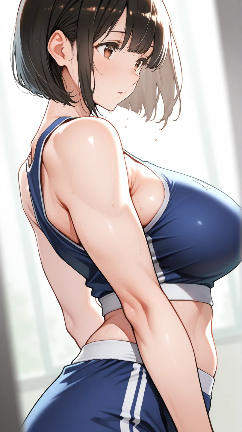 (perfect body),highest quality,16k、Masseter muscle part、((NSFW))、(((blush)))、((((embarrassing))))、Are crying、Treefe○lumes、parted bangs、short hair、(brown eyes),((brown hair))、parted bangs、(Forehead)、(Sweat)、(big ass)、huge breasts、((thick thighs))、Grey Sports Bra、(Grey sports panties)、(training room)、both armpits、Hands behind the head、sitting on the floor